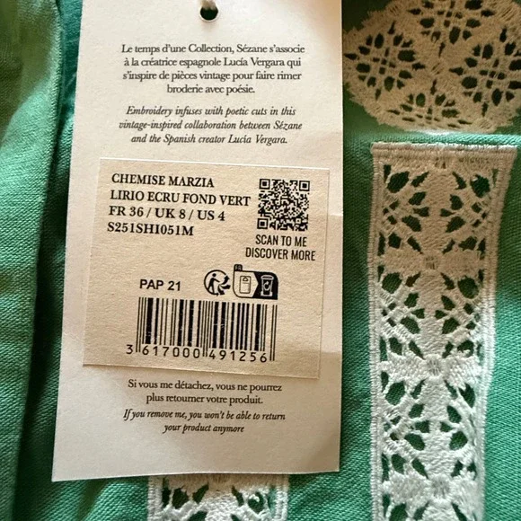Sézane X Lucia Vergara Green Linen Embroidered Cottagecore Blouse Avant Garde - Picture 8 of 13
